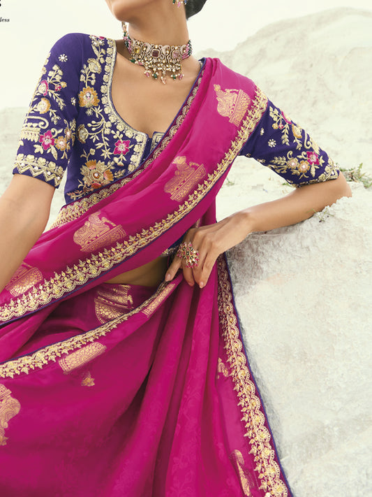 Rani Pink Pure Organza Viscose Satin Saree with Original Mirror, Moti & Cut-Dana Work + Pure Silk Blouse