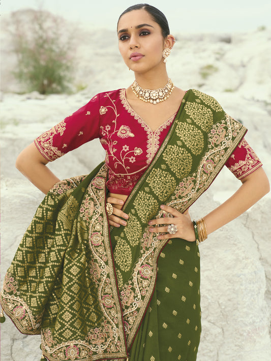 Mehendi Pure Dola Viscose Saree with Jari, Thread, Moti & Cut-Dana Heavy Work + Pure Silk Blouse