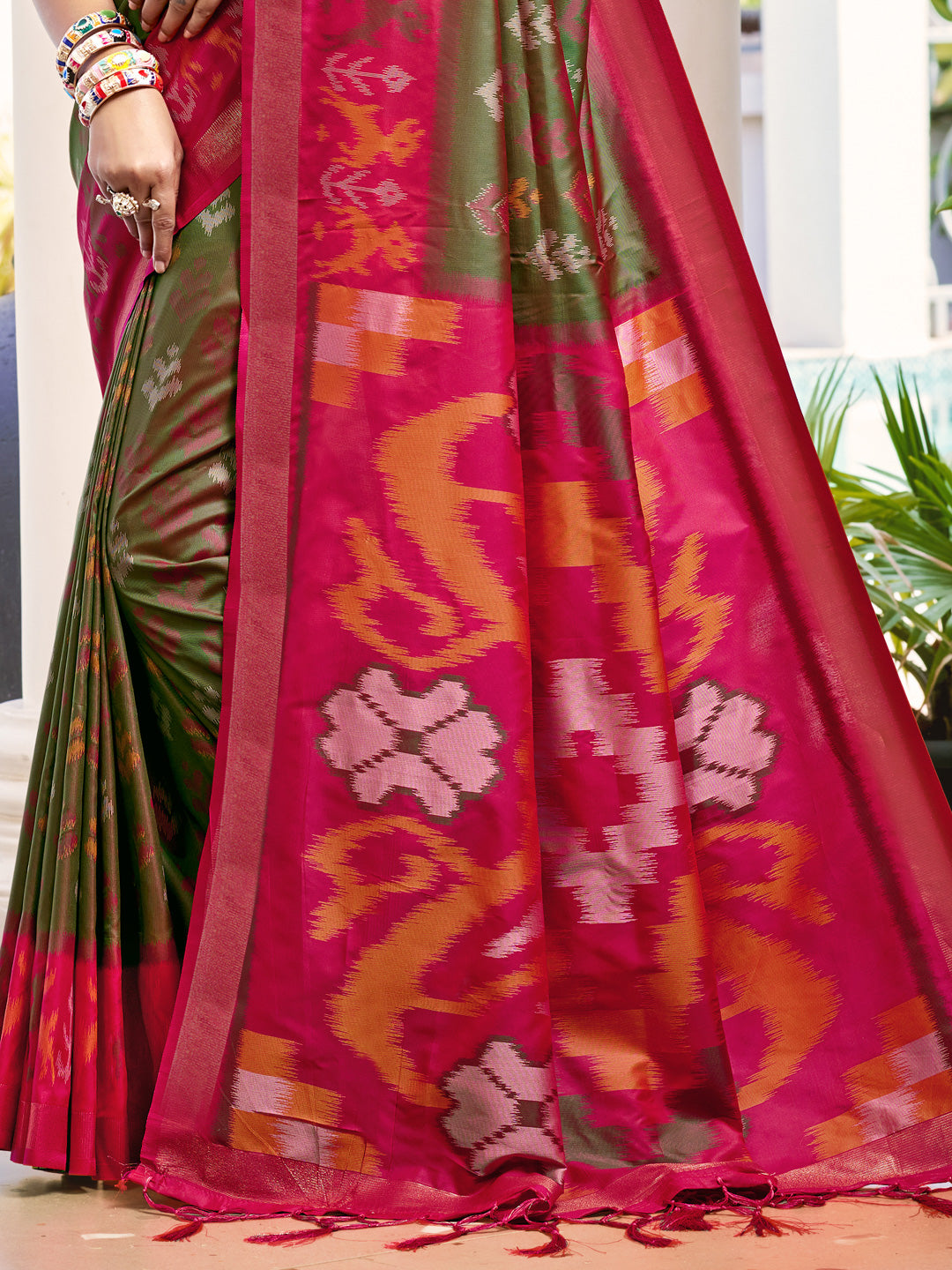 Sutriti Olive Green & Red Pochampalli Soft Silk Saree with Traditional Ikat Pallu Sari