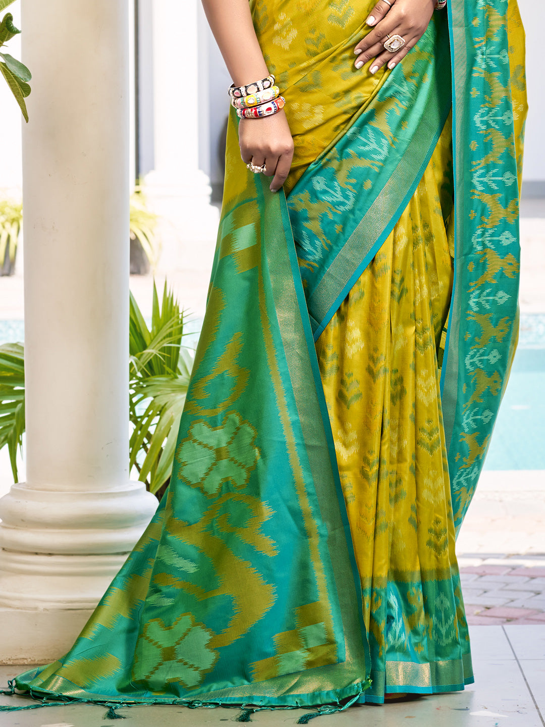 Sutriti Mustard Yellow & Green Pochampalli Soft Silk Saree with Traditional Ikat Pallu Sari