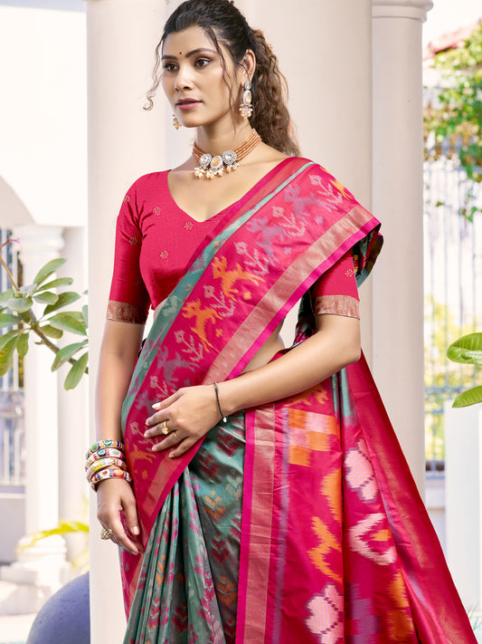 Sutriti Grey & Red Pochampalli Soft Silk Saree with Traditional Ikat Pallu Sari
