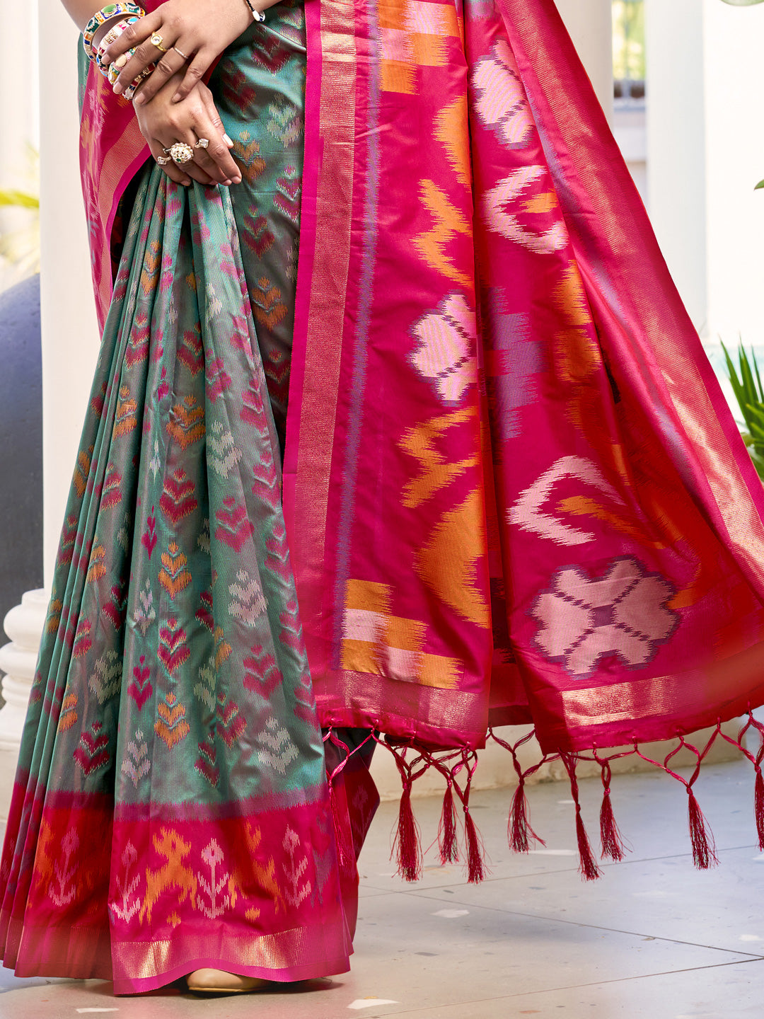 Sutriti Grey & Red Pochampalli Soft Silk Saree with Traditional Ikat Pallu Sari