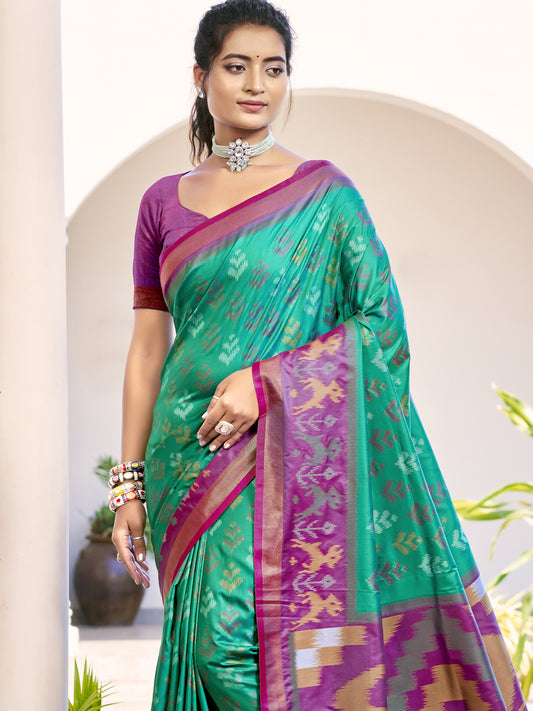 Sutriti Rama Green & Purple Pochampalli Soft Silk Saree with Traditional Ikat Pallu Sari