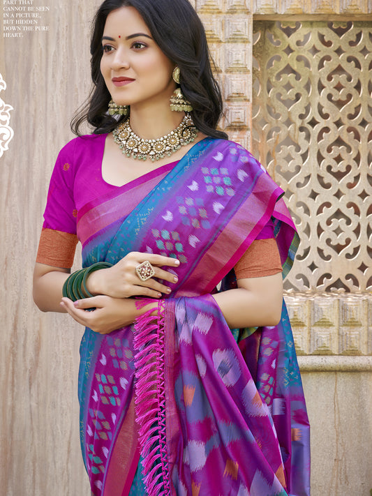 Sutriti Sea Green & Violet Pochampalli Soft Silk Saree with Traditional Ikat Woven Pallu – Perfect for Festive Celebrations & Wedding Occasions