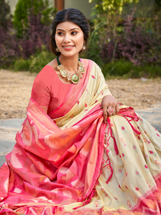 Sutriti Cream Pochampalli Silk Saree | Traditional Wedding & Festive Wear Saree