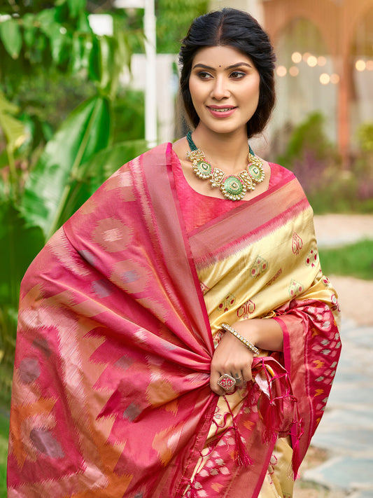 Sutriti Cream Pochampalli Silk Saree | Elegant Traditional Wedding & Festive Wear Saree