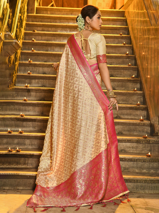 Sutriti Ivory and Pink Banarasi Silk Saree with Golden Zari – Regal Elegance for Timeless Celebrations