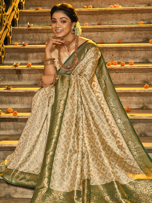 Sutriti Ivory and Green Banarasi Silk Saree with Golden Zari – Regal Elegance for Timeless Celebrations