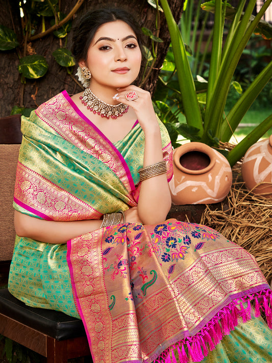 Sutriti Kanjivaram Silk Saree for Women Light Green Wedding Wear with Red Blouse Rich Zari Woven Design Saree