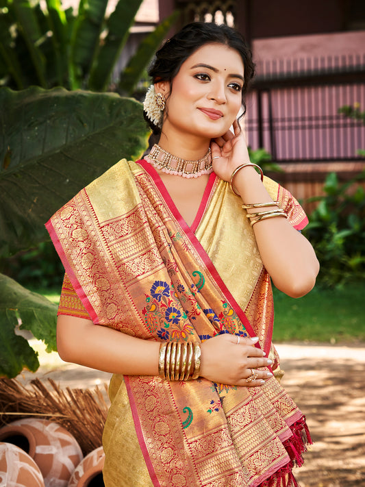 Sutriti Kanjivaram Silk Saree for Women Cream Wedding Wear with Red Blouse Rich Zari Woven Design Saree