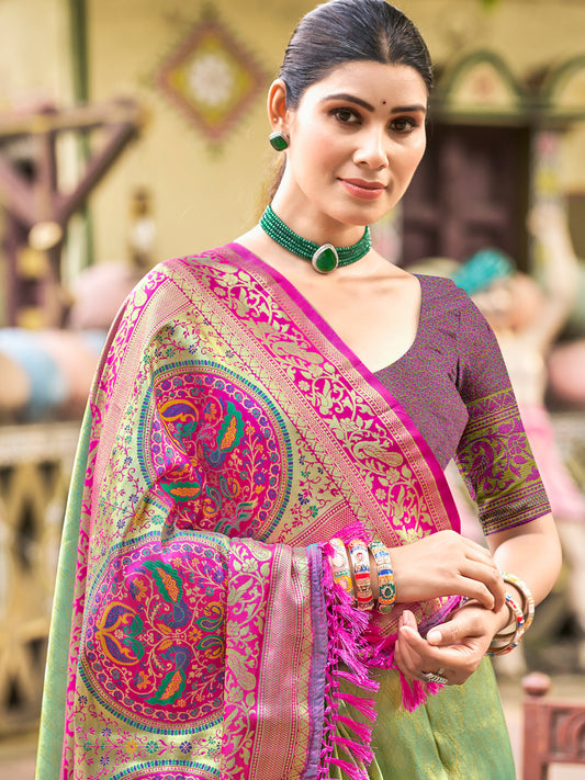 Sutriti Traditional Kanjivaram Silk Saree in Green with Grand Zari Pallu and Matching Blouse