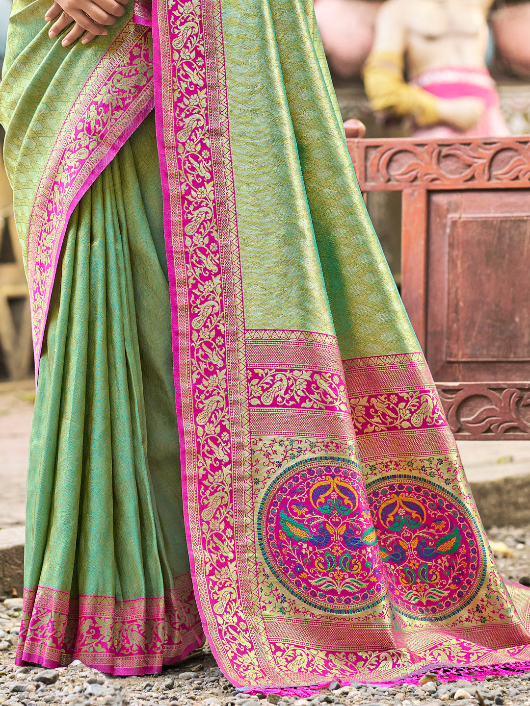 Sutriti Traditional Kanjivaram Silk Saree in Green with Grand Zari Pallu and Matching Blouse