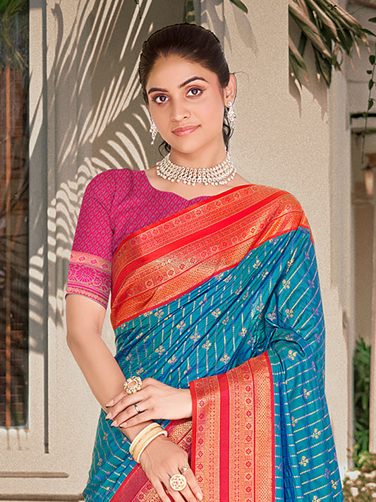 Sutriti Blue Banarasi Silk Saree with Red Zari Border & Golden Butta | Wedding & Festive Traditional Wear
