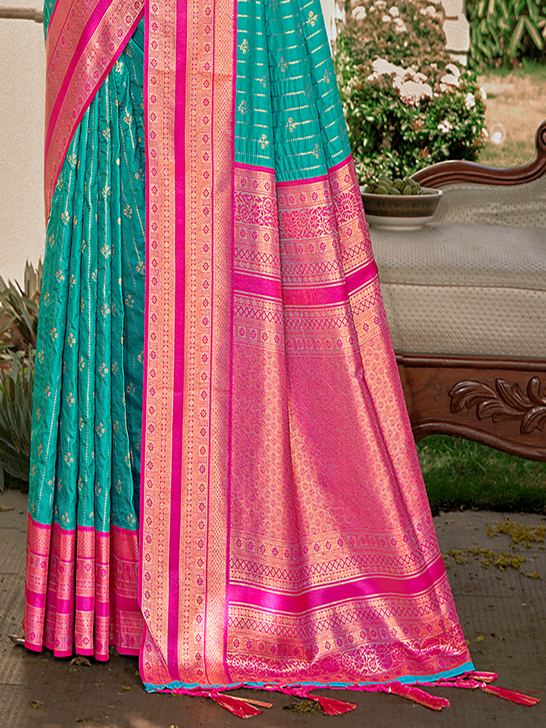 Sutriti Sea Green Banarasi Silk Saree with Red Zari Border & Golden Butta | Wedding & Festive Traditional Wear