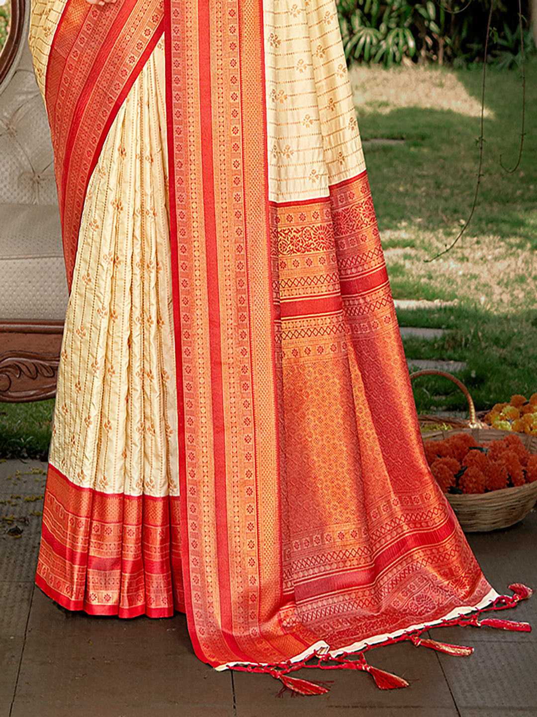 Sutriti Cream Banarasi Silk Saree with Red Zari Border & Golden Butta | Wedding & Festive Traditional Wear