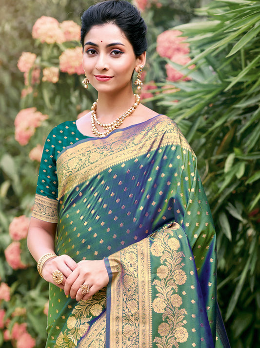 Sutriti Rust Green Banarasi Silk Saree with Golden Zari Weaving & Rich Pallu | Wedding & Festive Wear