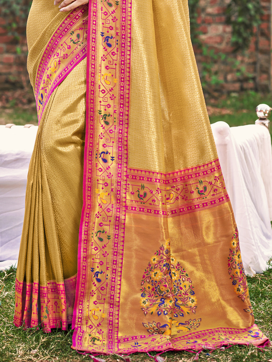 Sutriti Mustard Paithani Silk Saree with Pink Contrast Border & Floral Weaving | Wedding & Festive Wear