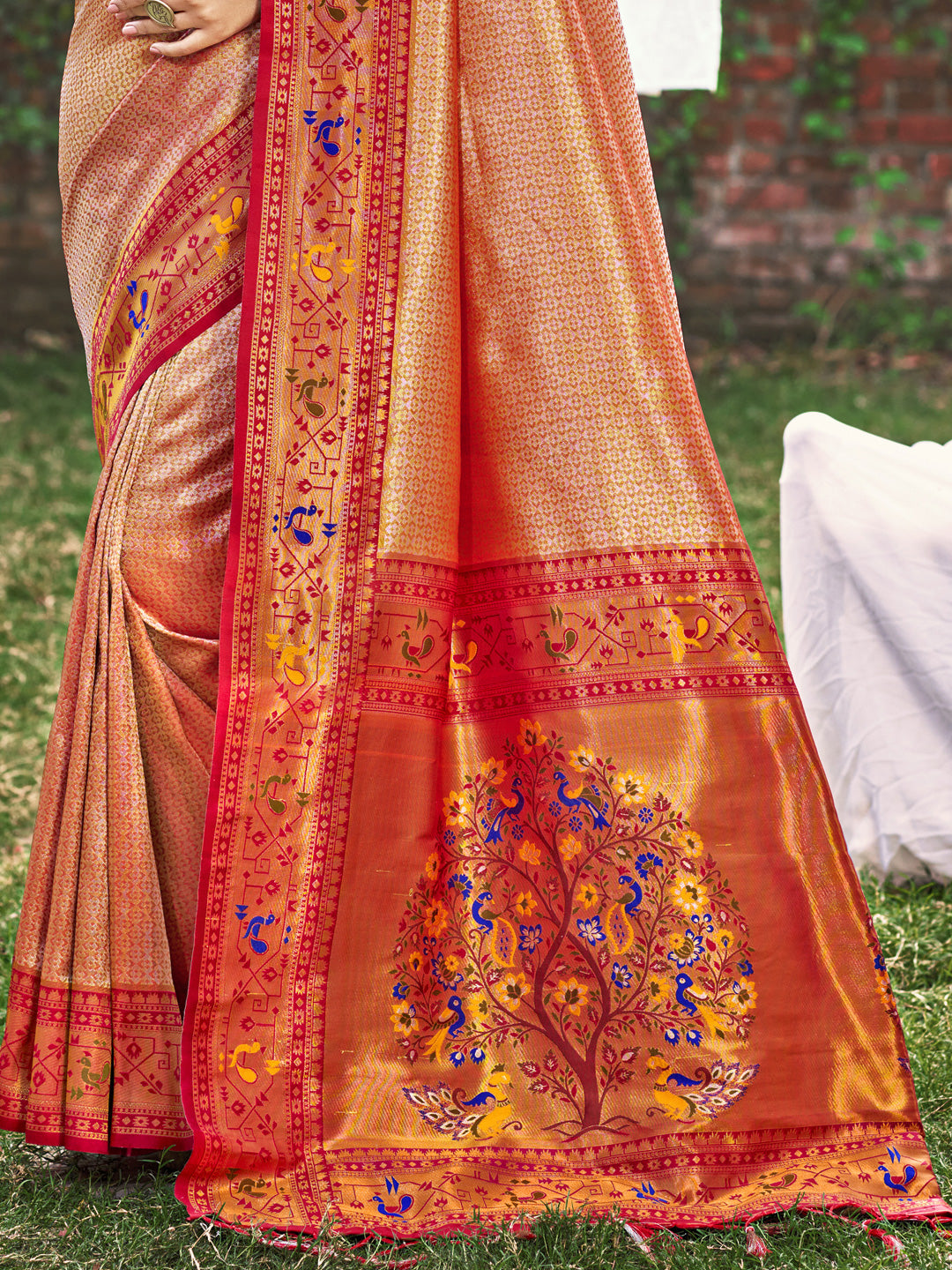 Sutriti Peach Paithani Silk Saree with Pink Contrast Border & Floral Weaving | Wedding & Festive Wear