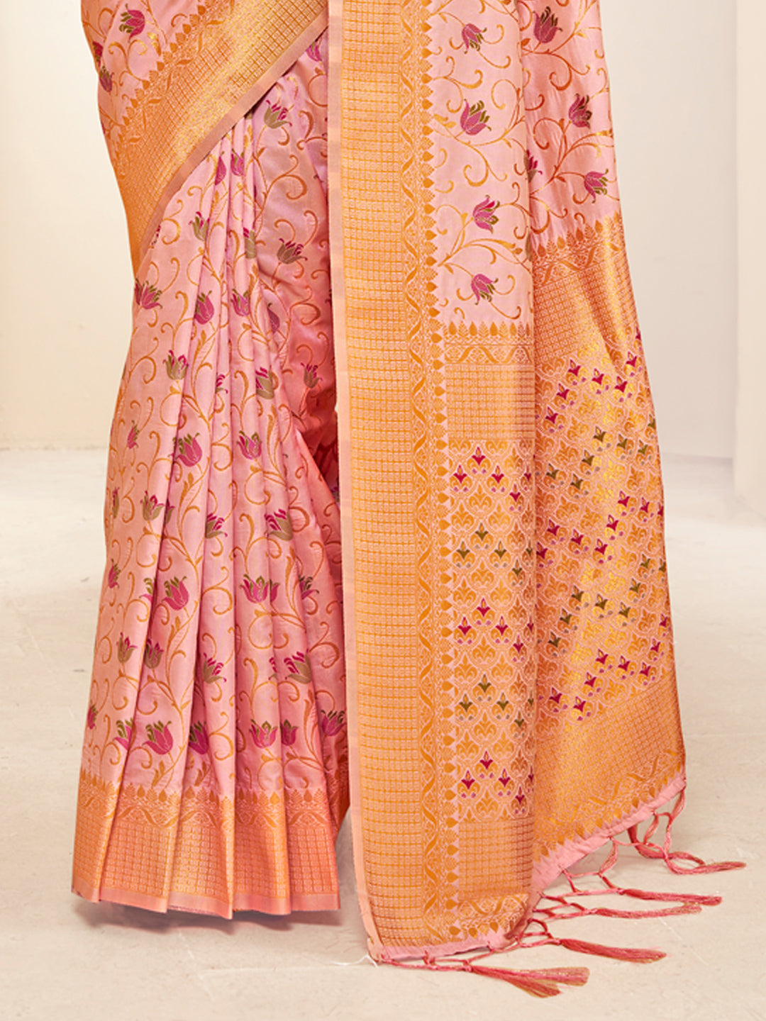 Sutriti Peach Pink Banarasi Silk Saree with Golden Zari Weaving & Floral Jaal for Wedding Wear