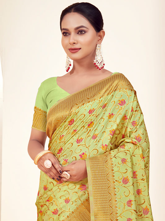 Sutriti Peach Light Green Banarasi Silk Saree with Golden Zari Weaving & Floral Jaal for Wedding Wear