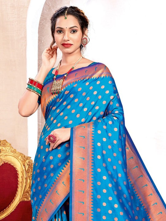 Sutriti Blue Kanjivaram Silk Saree with Golden Zari and Colorful Peacock Woven Pallu Design