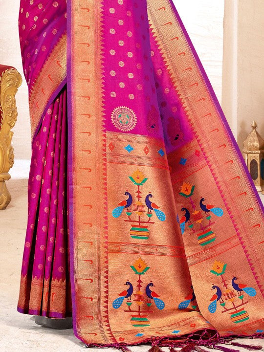 Sutriti Purple Paithani Silk Saree with Golden Zari and Colorful Peacock Woven Pallu Design