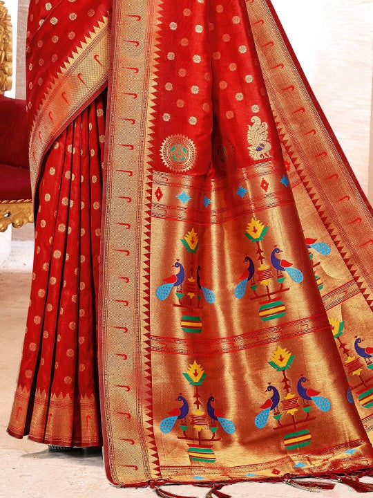 Sutriti Red Kanjivaram Silk Saree with Golden Zari and Colorful Peacock Woven Pallu Design