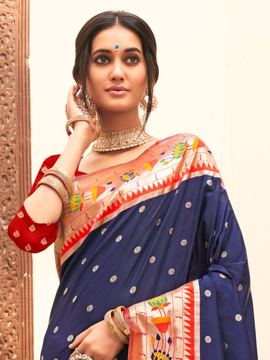Sutriti Majestic Navy Blue Paithani Silk Saree with Royal Floral Zari Pallu | Pure Festive & Bridal Edition