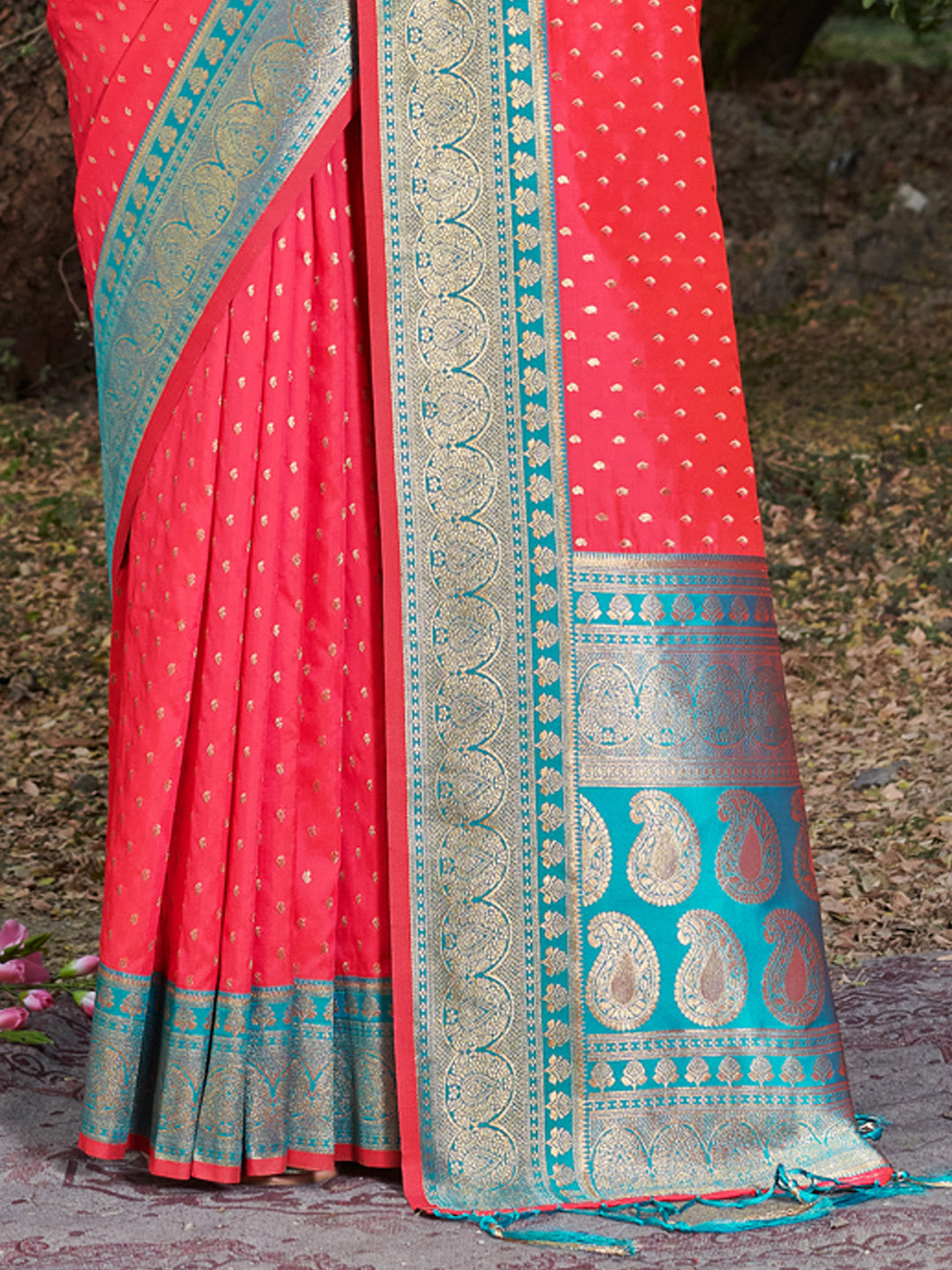Sutriti Pnk Banarasi Silk Saree with Red Zari Border & Golden Butta | Wedding & Festive Wear