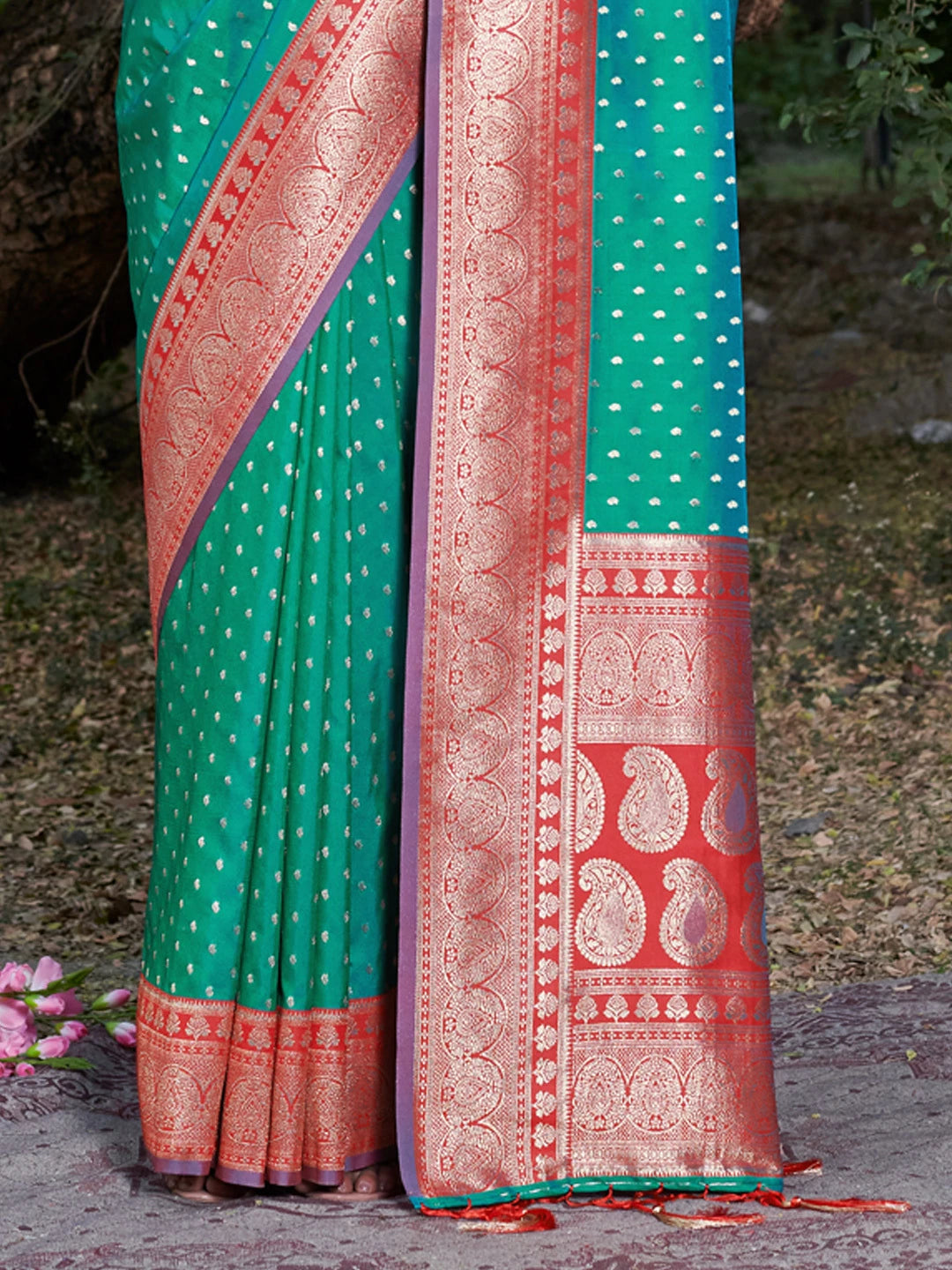 Sutriti Rama Banarasi Silk Saree with Red Zari Border & Golden Butta | Wedding & Festive Wear