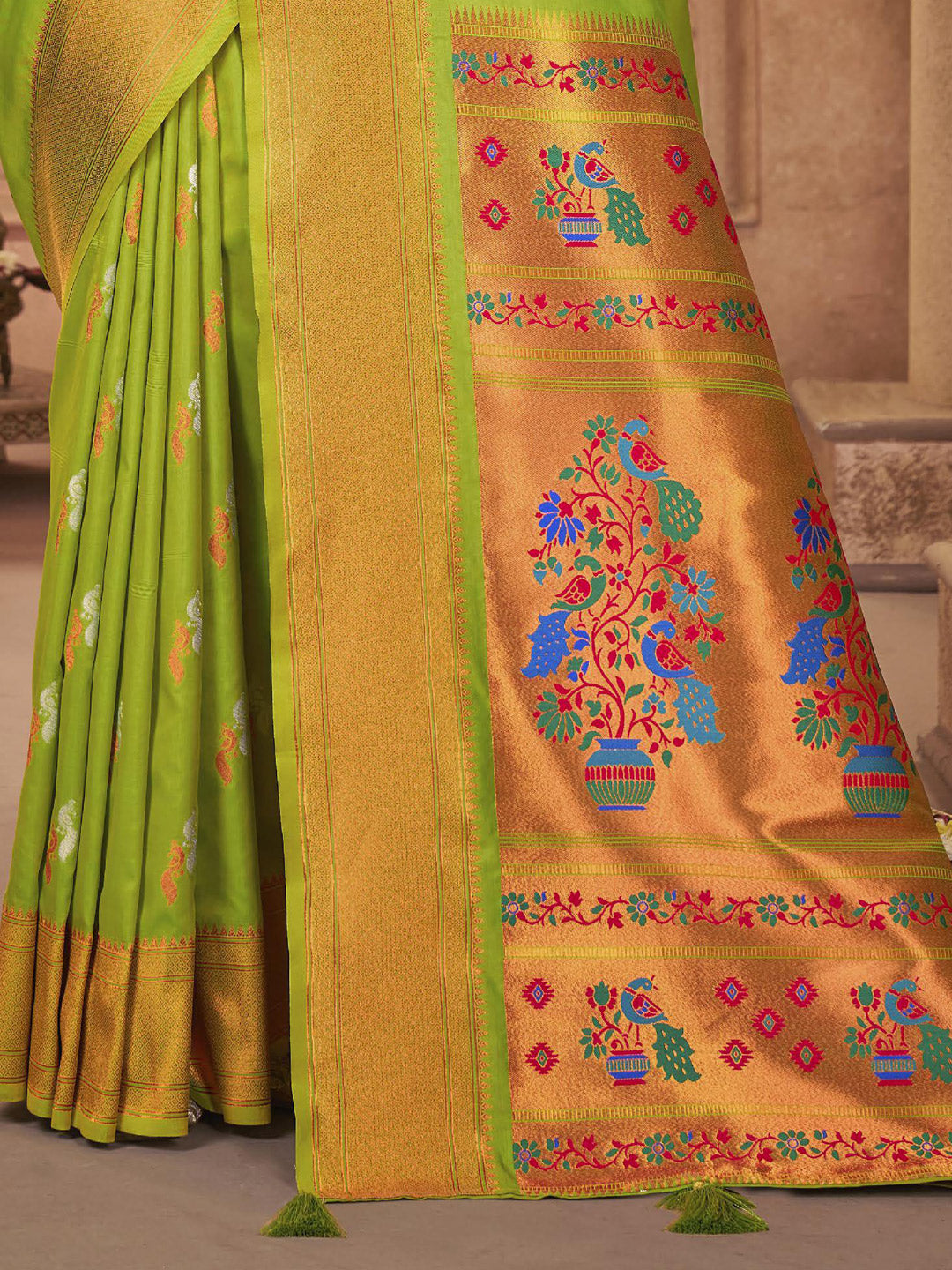 Sutriti Royal Light Green Paithani Silk Saree featuring Heritage Weaving and Grand Designer Pallu Saree