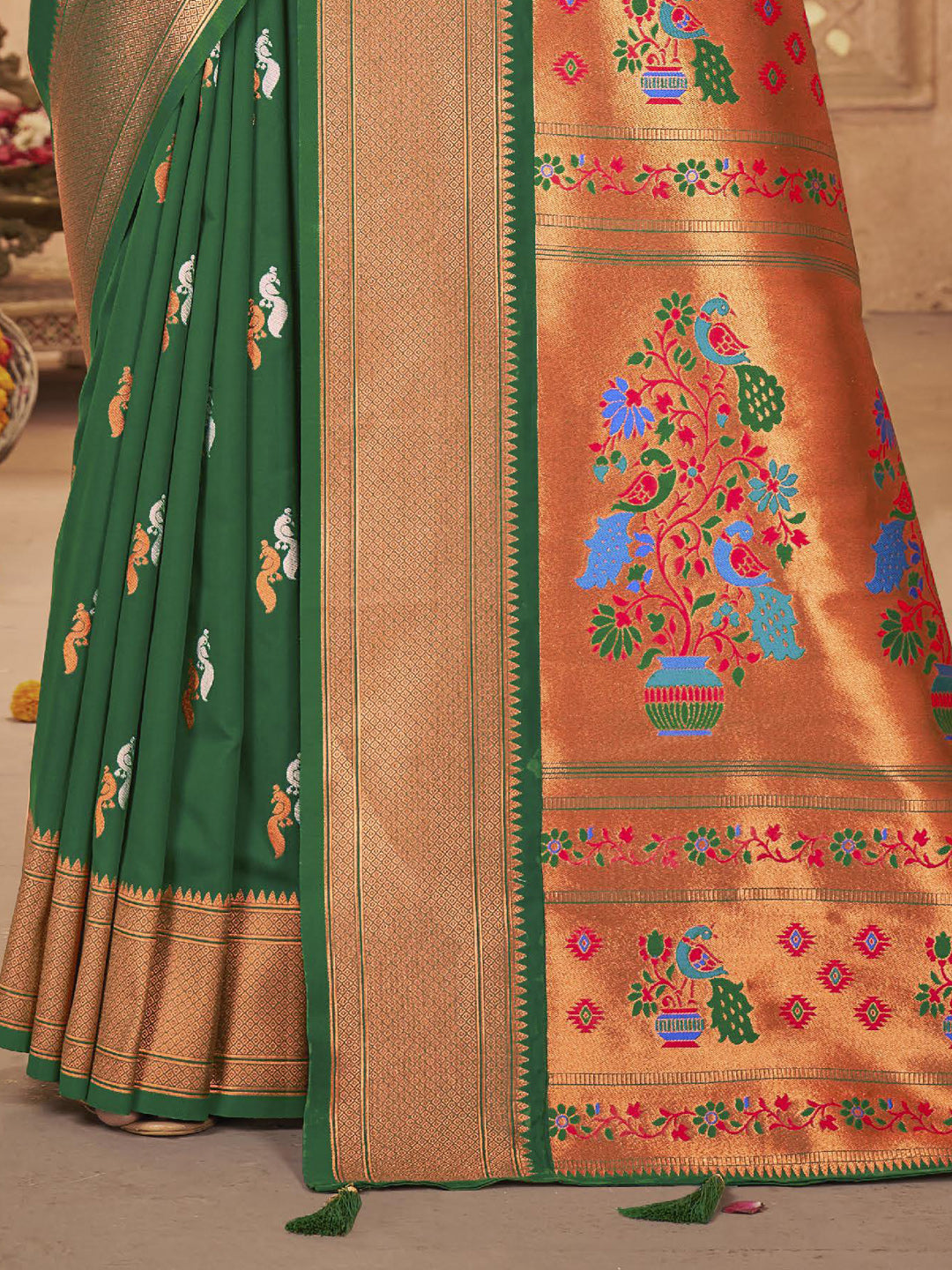 Sutriti Royal Green Paithani Silk Saree featuring Heritage Weaving and Grand Designer Pallu Saree
