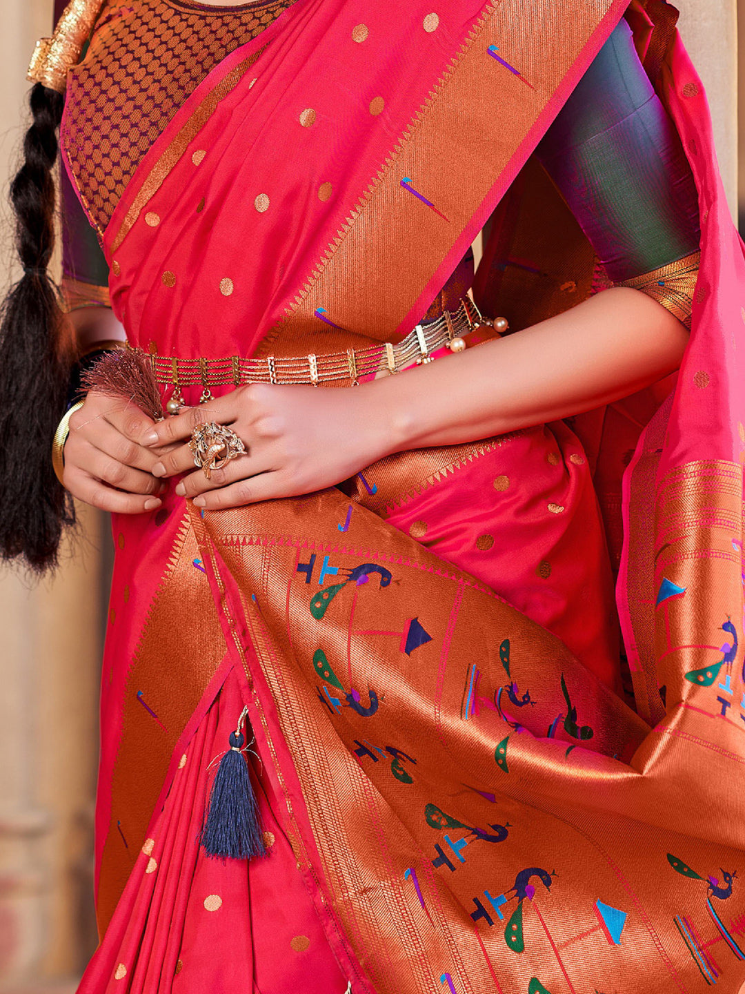 Sutriti Pink Paithani Silk Saree with Polka Weave and Artistic Pallu for Wedding and Festive Saree