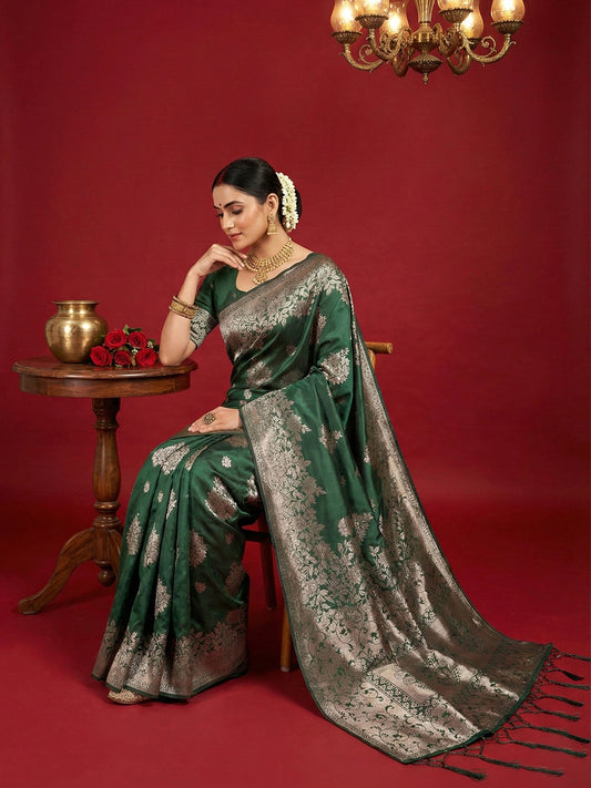 Sutriti dark green tissue silk silver zari woven pallu festive saree silver zari collection