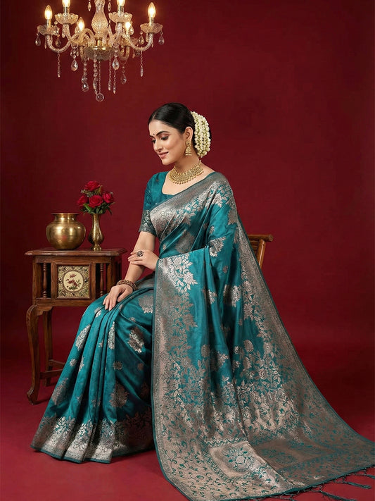 Sutriti teal blue tissue silk silver zari woven pallu festive saree silver zari collection