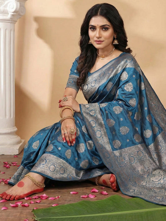 Sutriti Steel Blue Soft Silk Saree with Silver Zari Floral Motifs