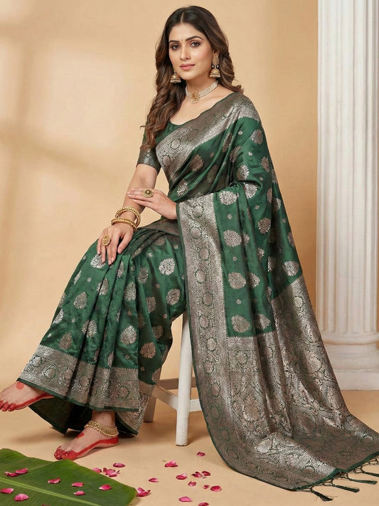 Sutriti Forest Green Woven Soft Silk Saree with Rich Silver Zari