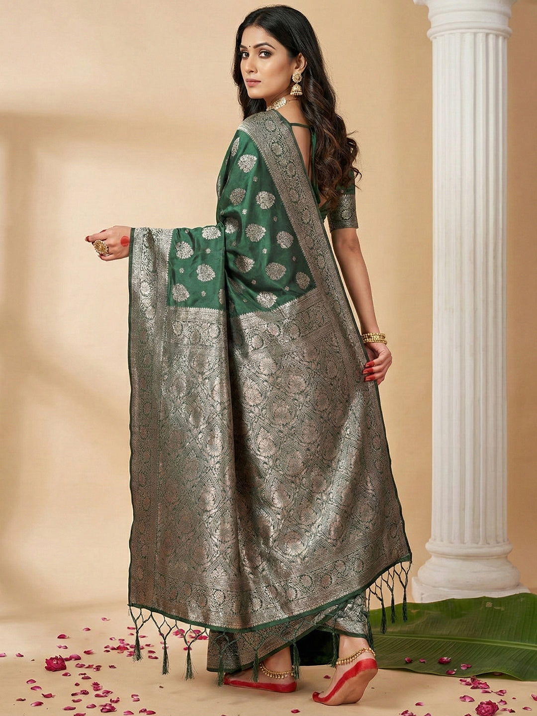 Sutriti Forest Green Woven Soft Silk Saree with Rich Silver Zari