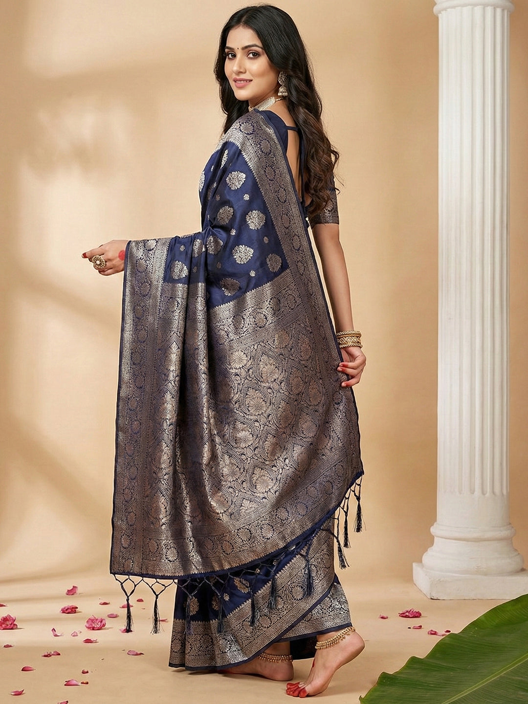 Sutriti Deep Navy Blue Soft Silk Saree with Silver Zari Pallu