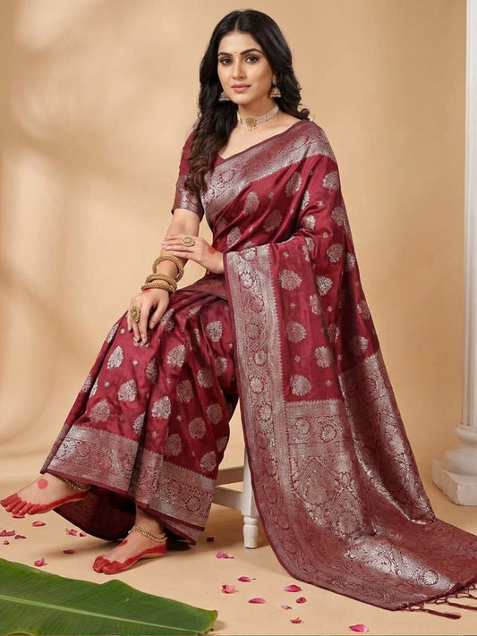 Sutriti Deep Burgundy Maroon Soft Silk Saree for Wedding Wear