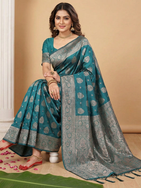 Sutriti Peacock Teal Green Soft Silk Saree with Zari Weaving