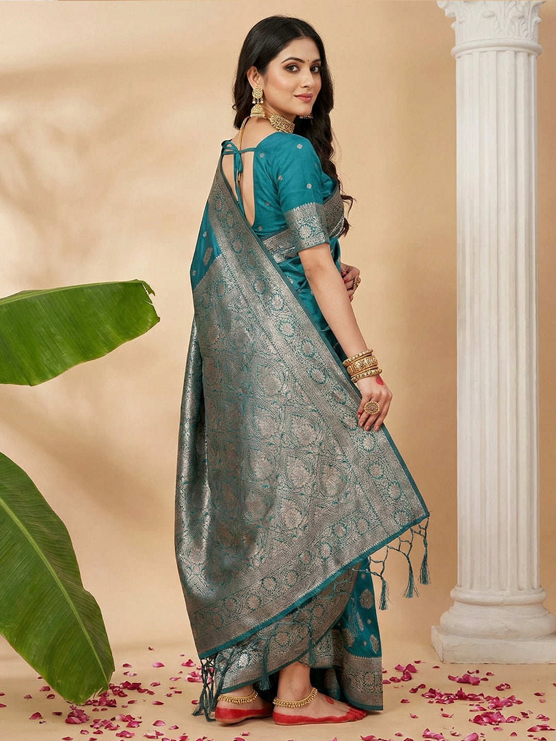 Sutriti Peacock Teal Green Soft Silk Saree with Zari Weaving