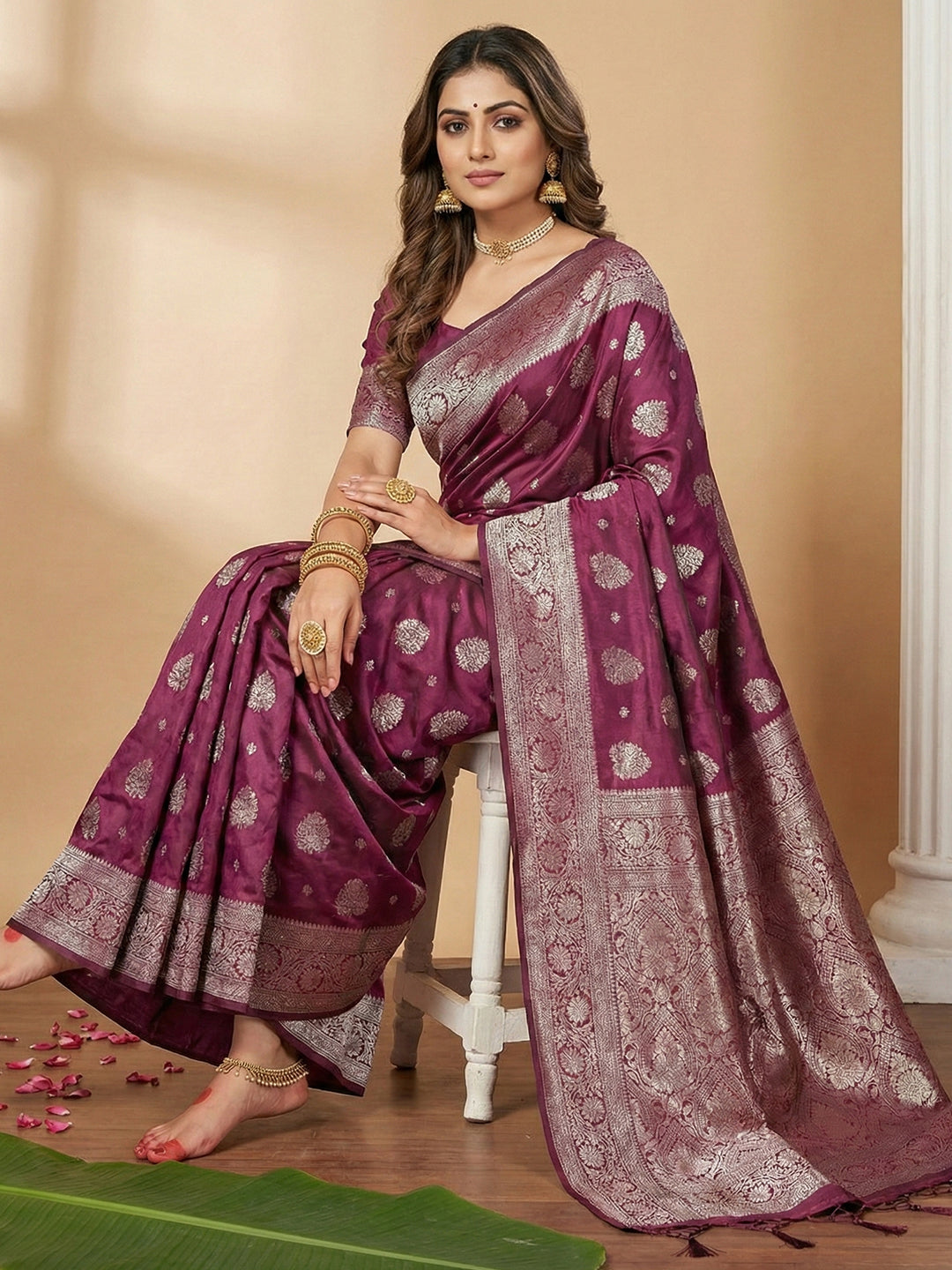 Sutriti Magenta Wine Soft Silk Saree with Silver Zari Details