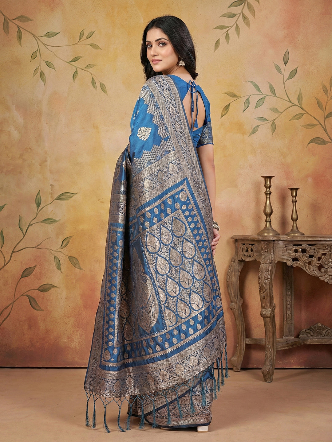 Sutriti Steel Blue Zari Woven Saree with Rich Border & Heavy Pallu | Festive & Wedding Wear