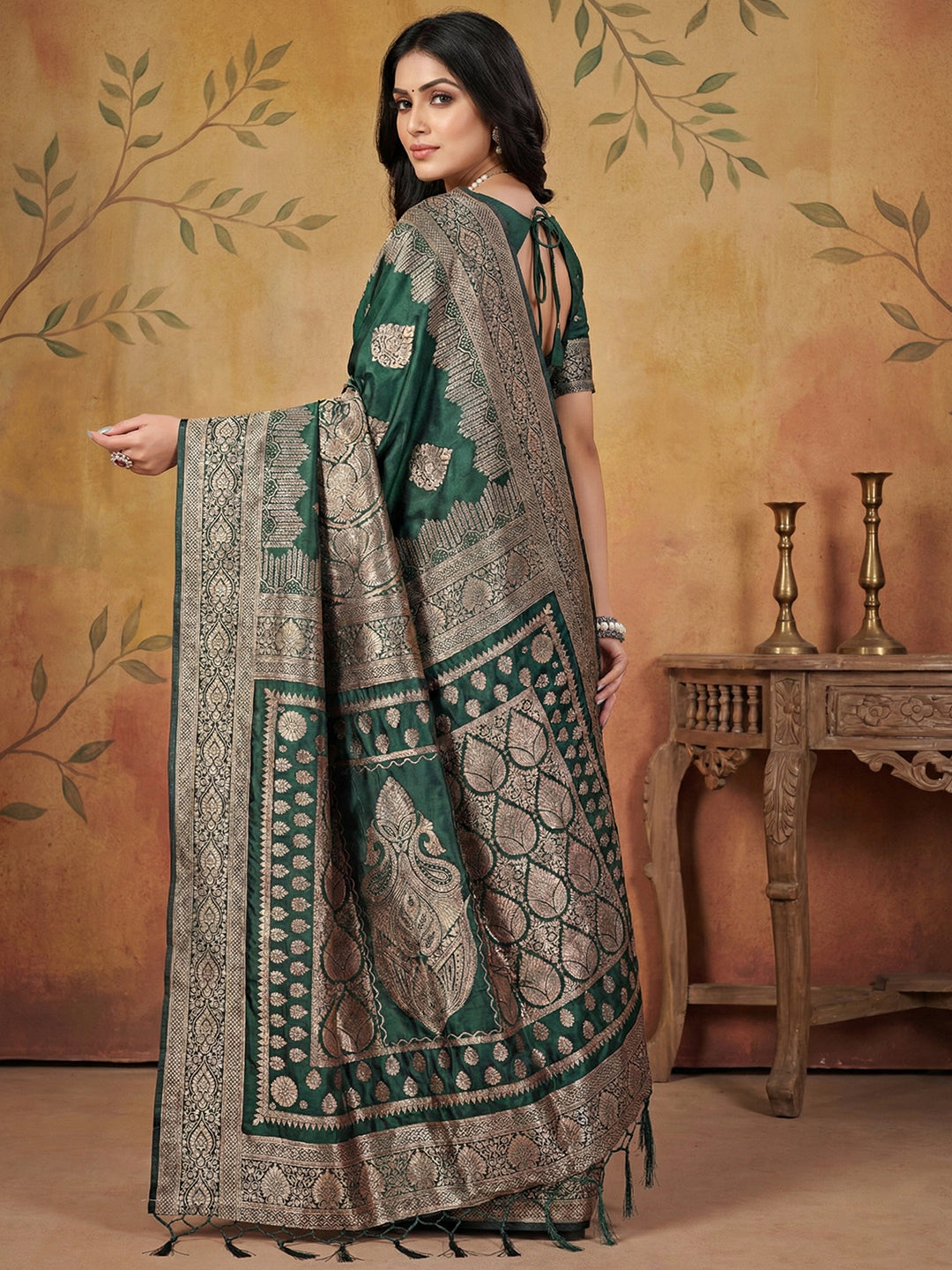 Sutriti Bottle Green Zari Woven Saree with Rich Border & Heavy Pallu | Traditional Festive Wear