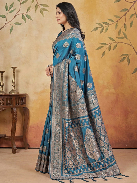 Sutriti Teal Blue Zari Woven Saree with Rich Border & Heavy Pallu | Party & Festive Wear