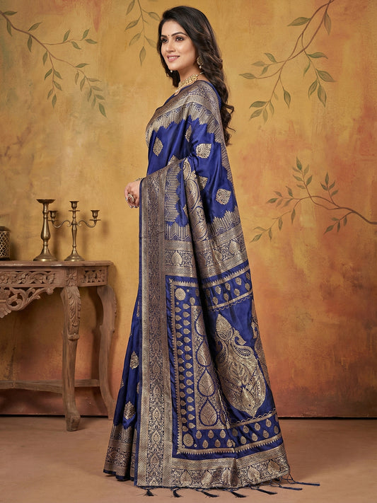Sutriti Royal Blue Zari Woven Saree with Rich Border & Heavy Pallu | Wedding & Evening Wear