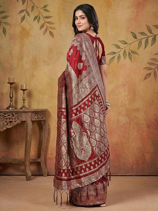 Sutriti Maroon Zari Woven Saree with Rich Border & Heavy Pallu | Wedding & Festive Wear