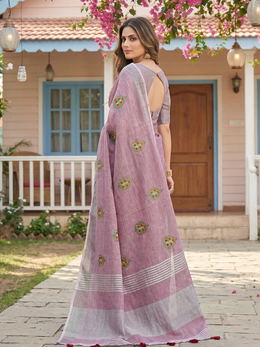 Sutriti Women Blue Linen Saree with Floral Embroidery Border & Tassels