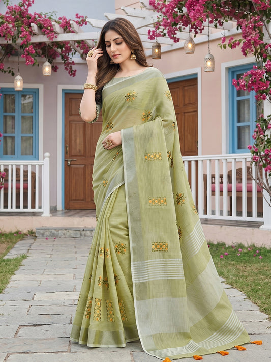 Sutriti Women Light Green Linen Saree with Floral Embroidery Border & Tassels